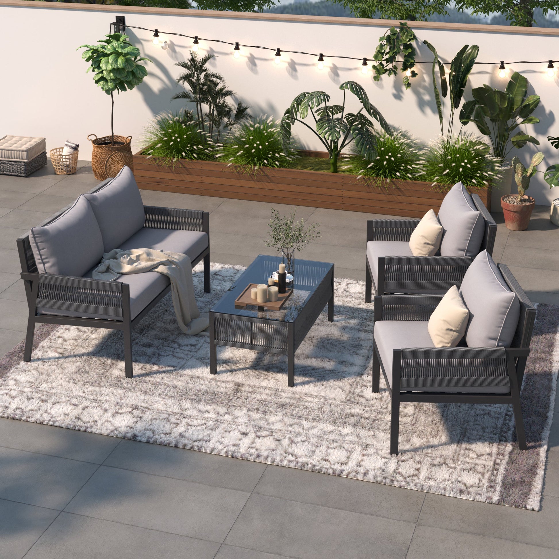 Outdoor Furniture with Tempered Glass Table Deep Seating with Thick Cushion for Backyard Porch Balcony (Grey) - Korvel