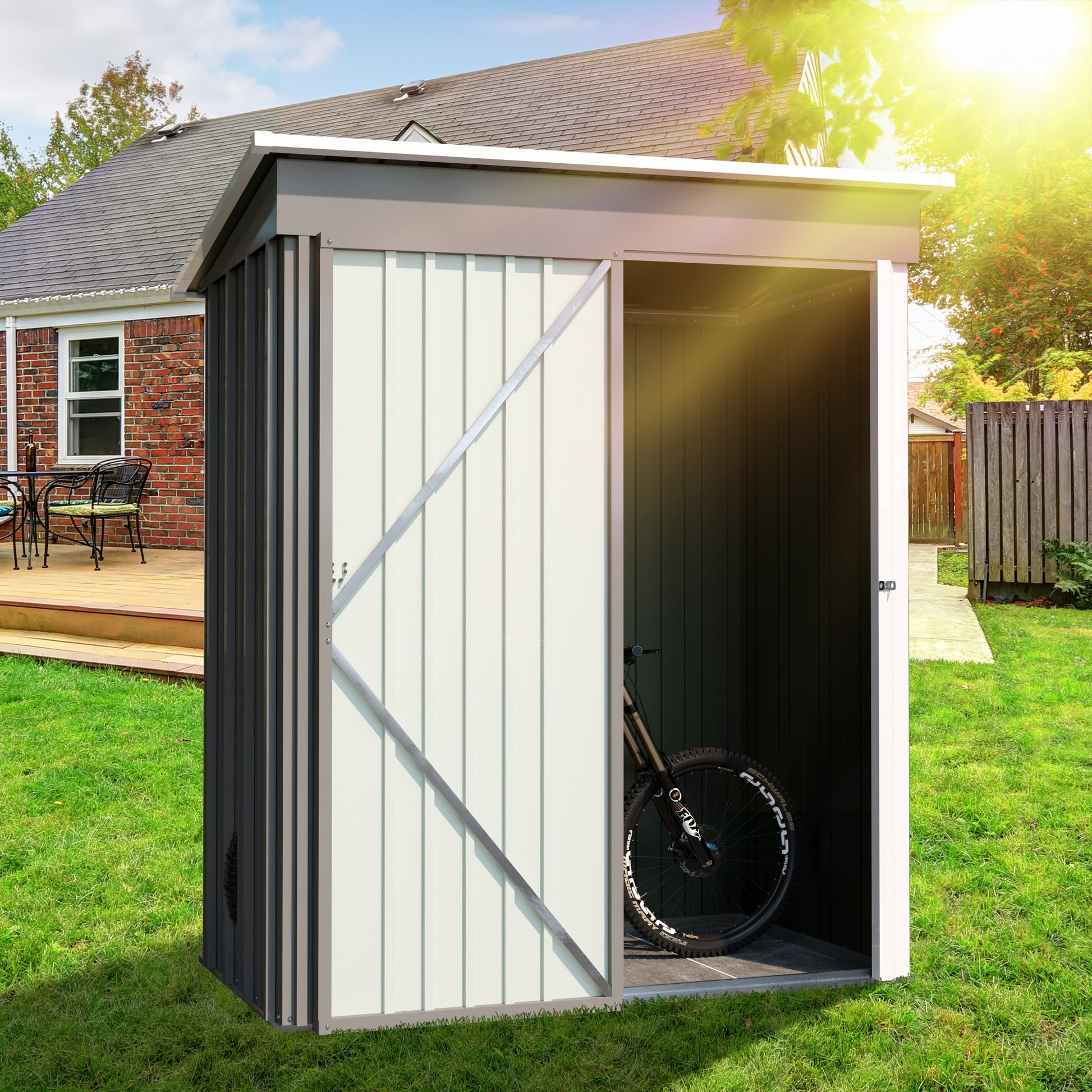 5 * 3FT outdoor storage shed, tool shed with sloping roof and lockable door, backyard garden metal shed, courtyard lawn, gray - Korvel