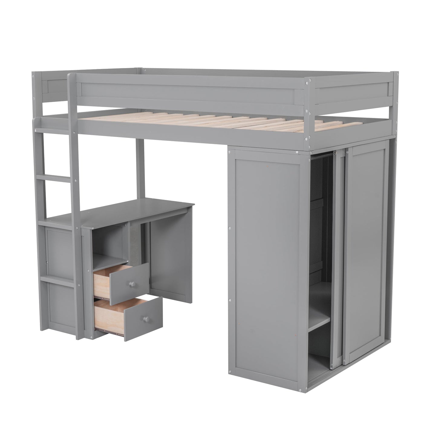 Wood Twin Size Loft Bed with Wardrobes and 2-Drawer Desk with Cabinet Gray - Korvel