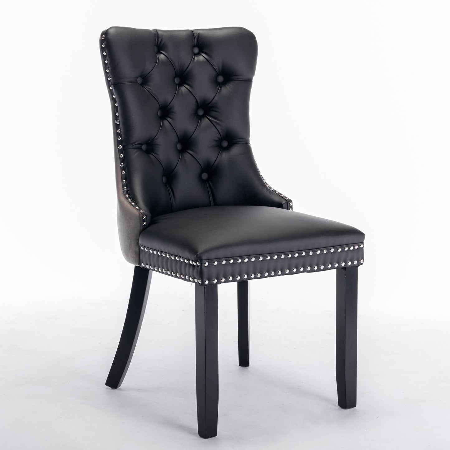 Tufted Solid Wood Contemporary PU and Velvet Upholstered Dining Chair with Wood Legs Nailhead Trim 2-Pcs Set Black+Gray - Korvel