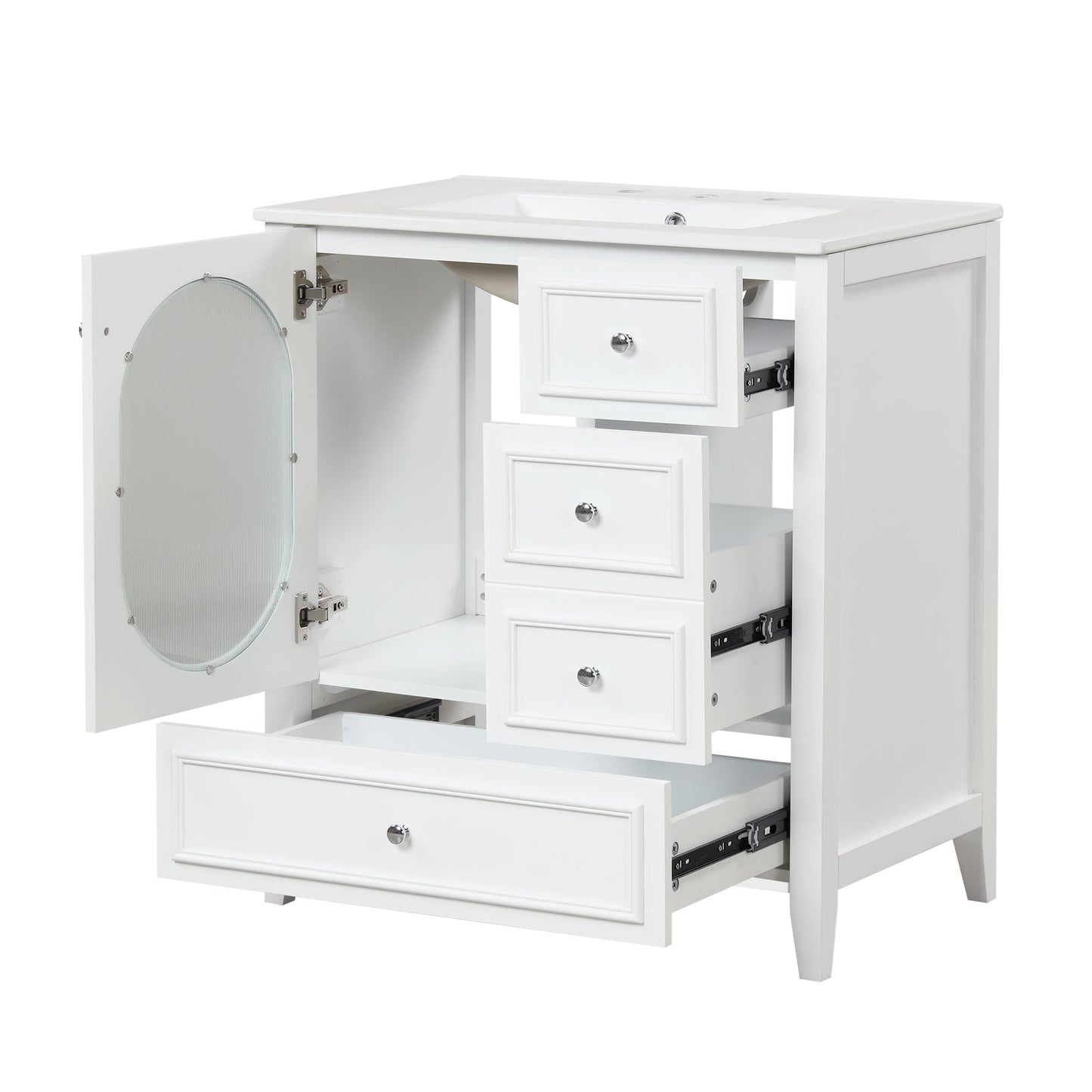30" Bathroom Vanity with Sink, Bathroom Vanity Cabinet with Three Drawers and Door, Solid Wood and MDF, White - Korvel