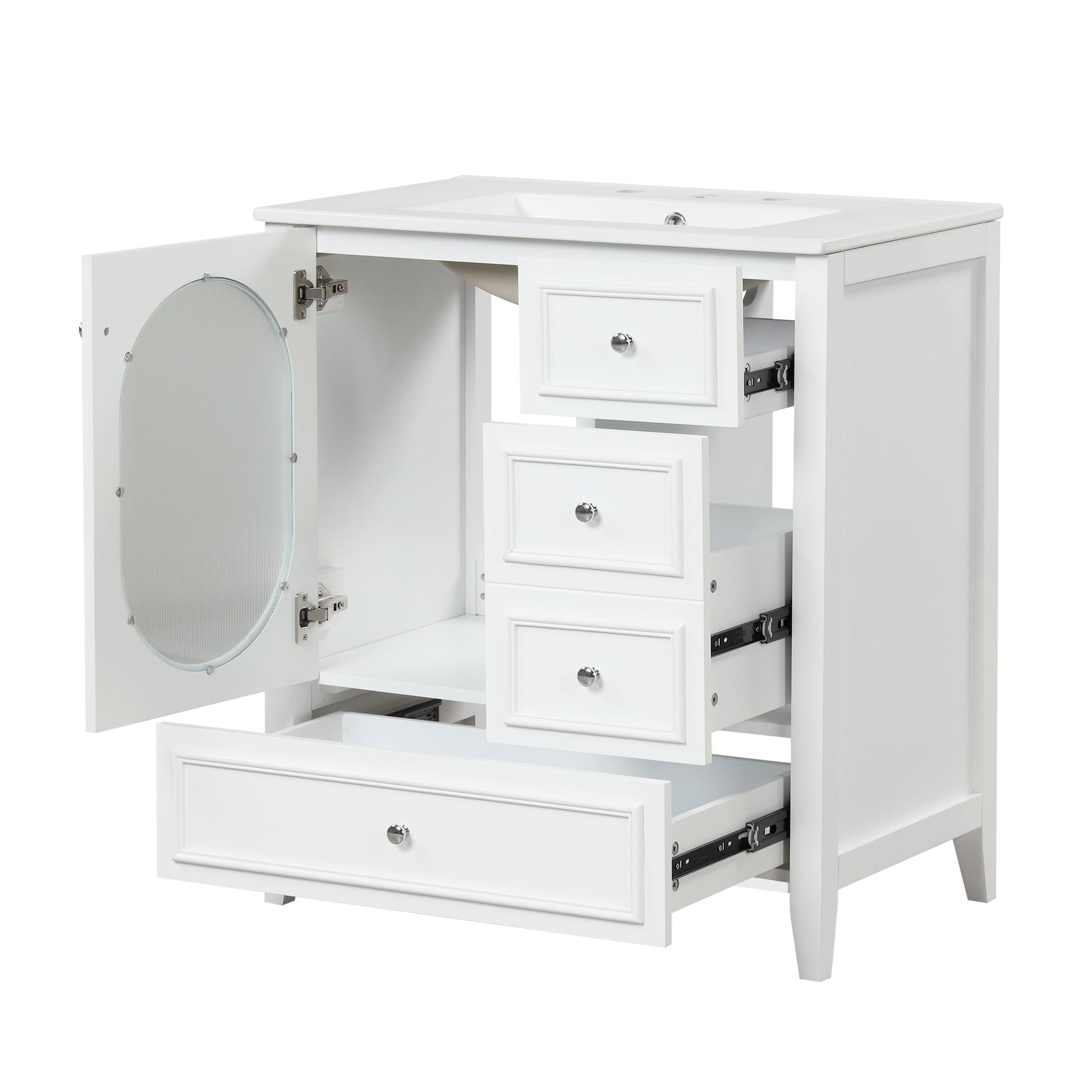 30" Bathroom Vanity with Sink, Bathroom Vanity Cabinet with Three Drawers and Door, Solid Wood and MDF, White - Korvel