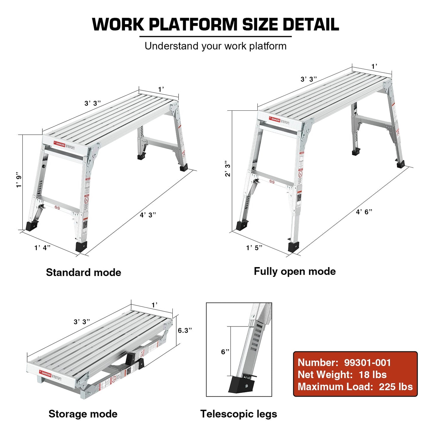 Aluminum Work Platform Large Size Step Stool Folding Portable Work Bench 40" Width Telescopic Feet 22" -27.5" Height Adjustable - Korvel
