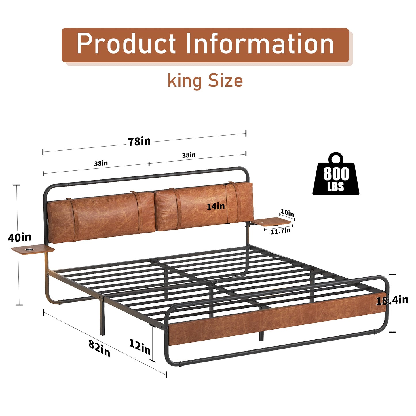 King Size Metal Bed Frame with Upholstered Headboard
