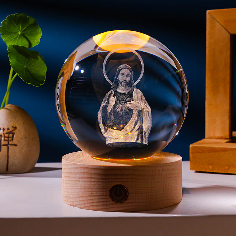 Luminous crystal ball with carved Jesus solid wood base for home decoration - Korvel
