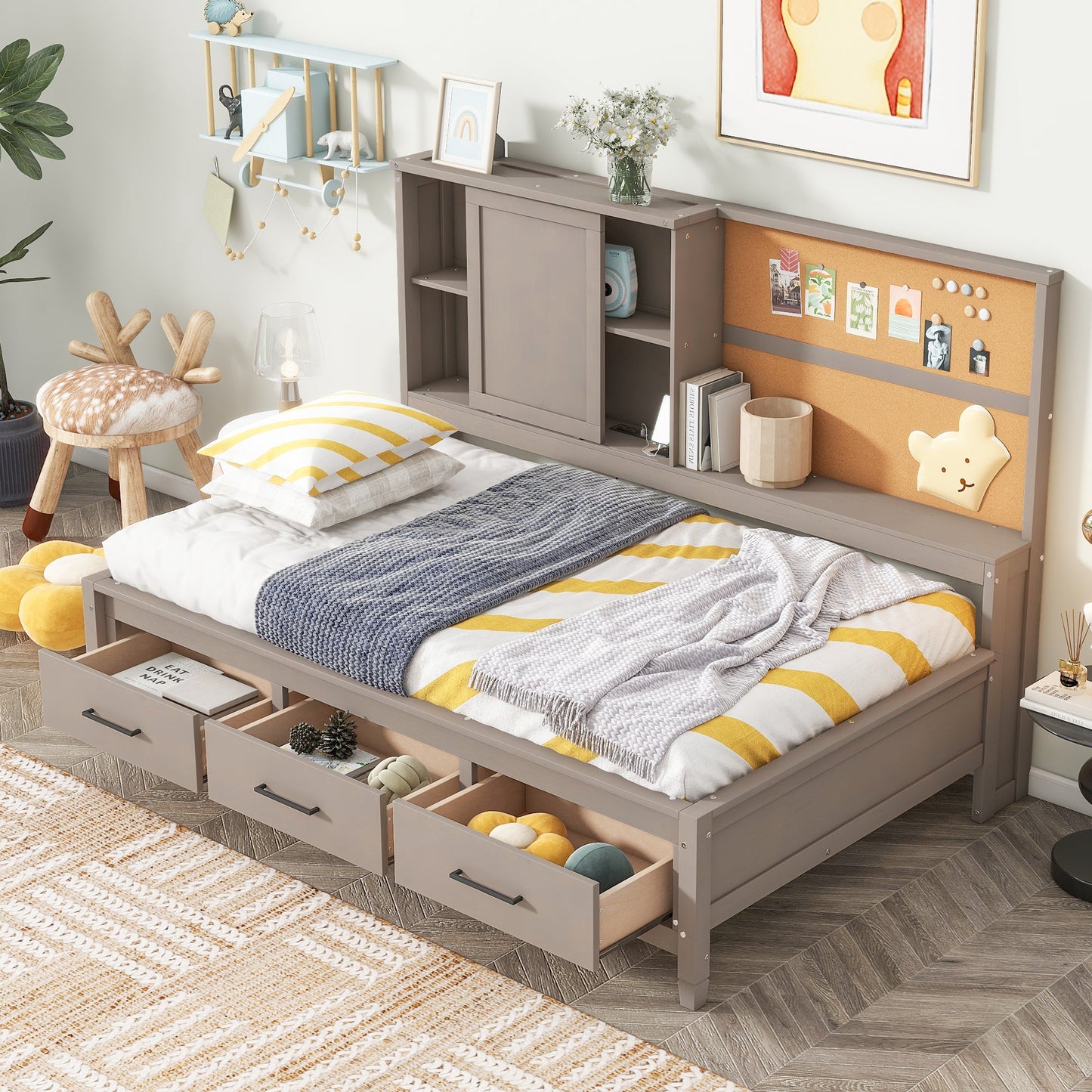 Twin Size Lounge Daybed with Storage Shelves, Cork Board, USB Ports and 3 Drawers, Antique Gray - Korvel