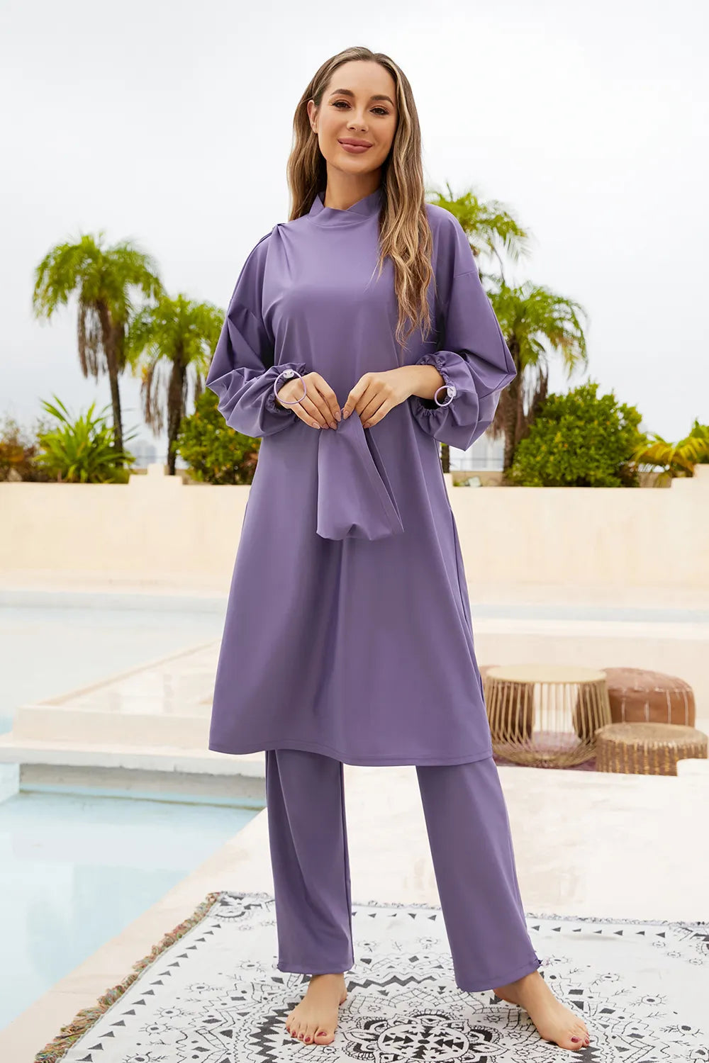 Cap, Drawstring Mock Neck Long Sleeve Top and Pants Swim Set - Korvel