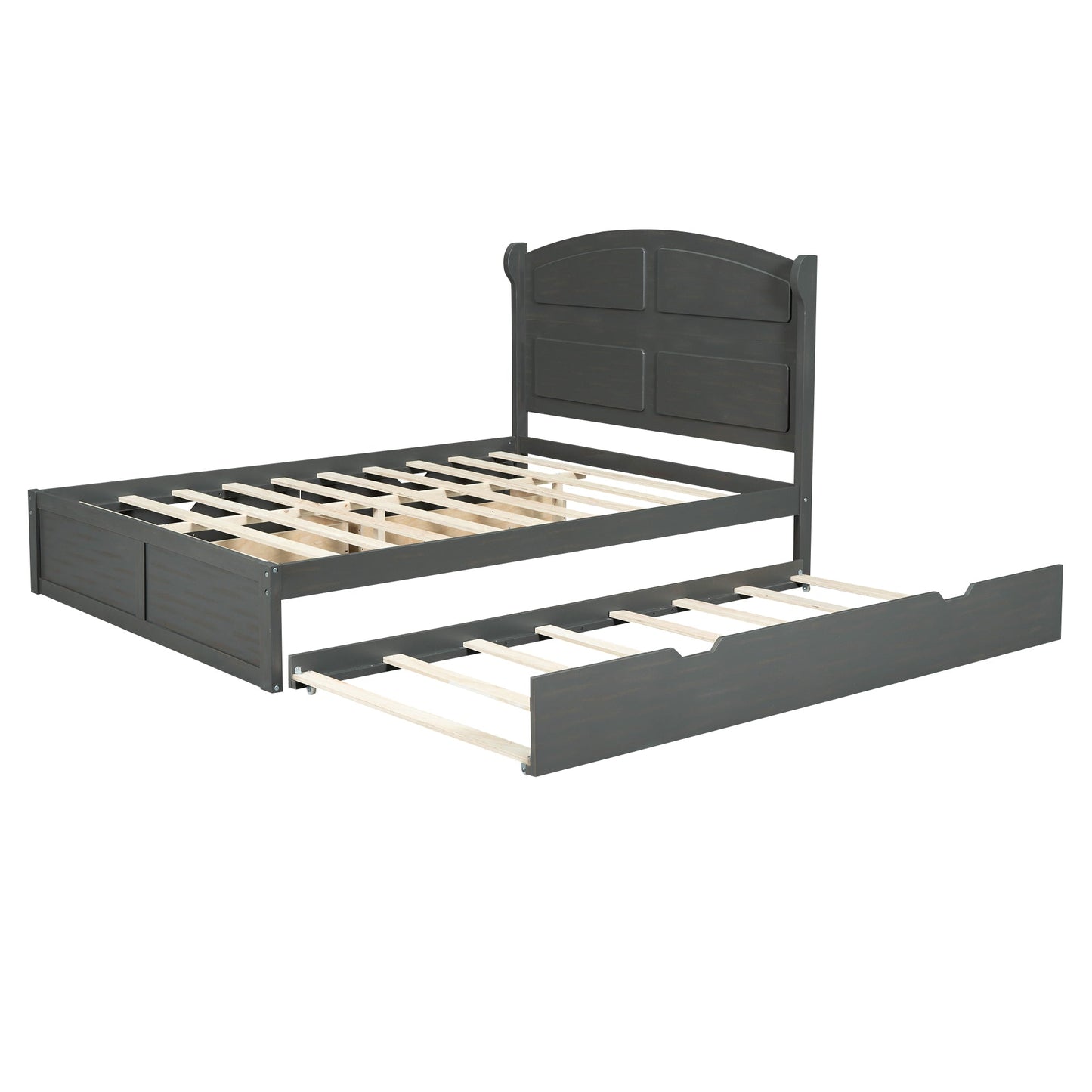 Wood Queen Size Platform Bed with Twin Size Trundle and 2 Drawers  Antique Gray - Korvel