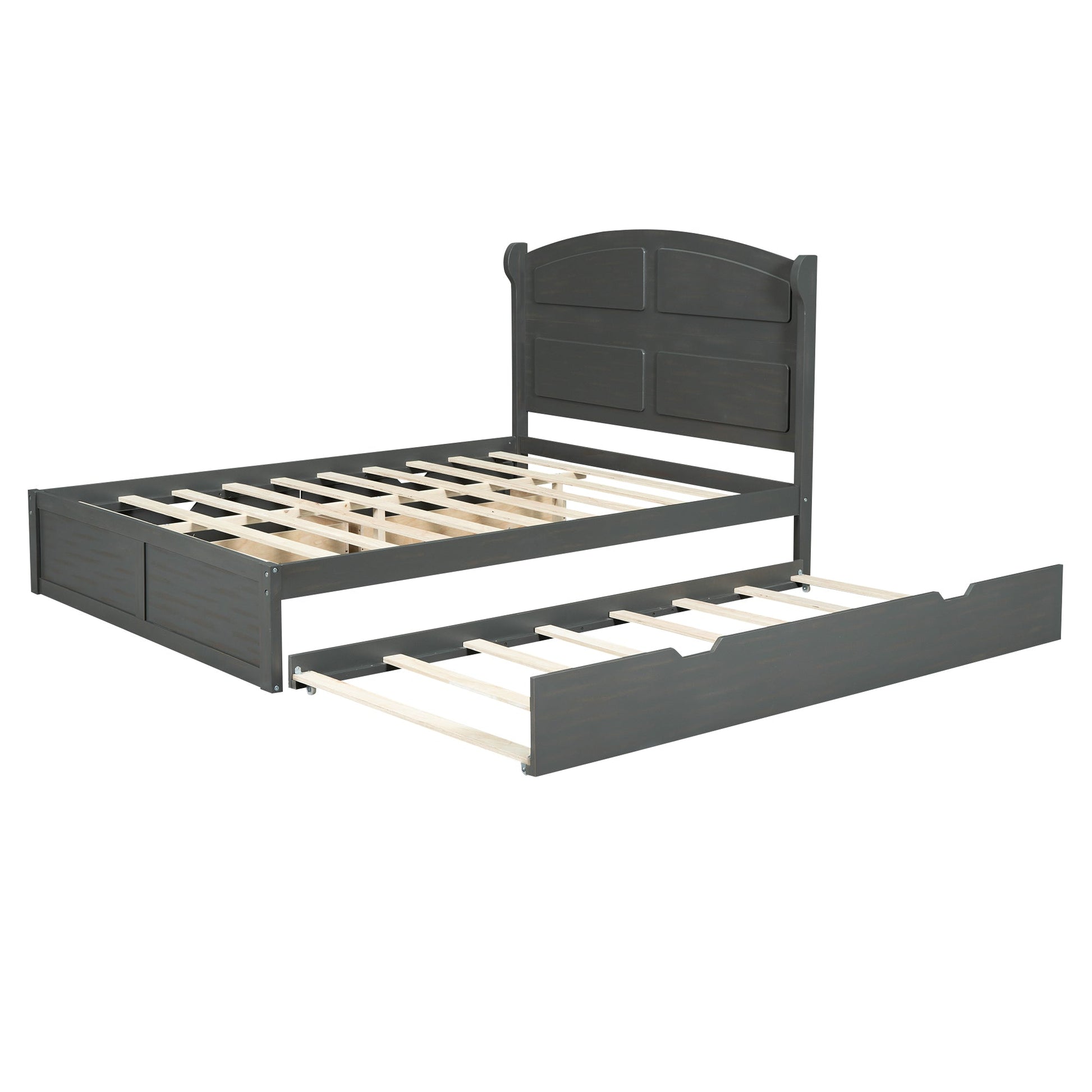 Wood Queen Size Platform Bed with Twin Size Trundle and 2 Drawers  Antique Gray - Korvel