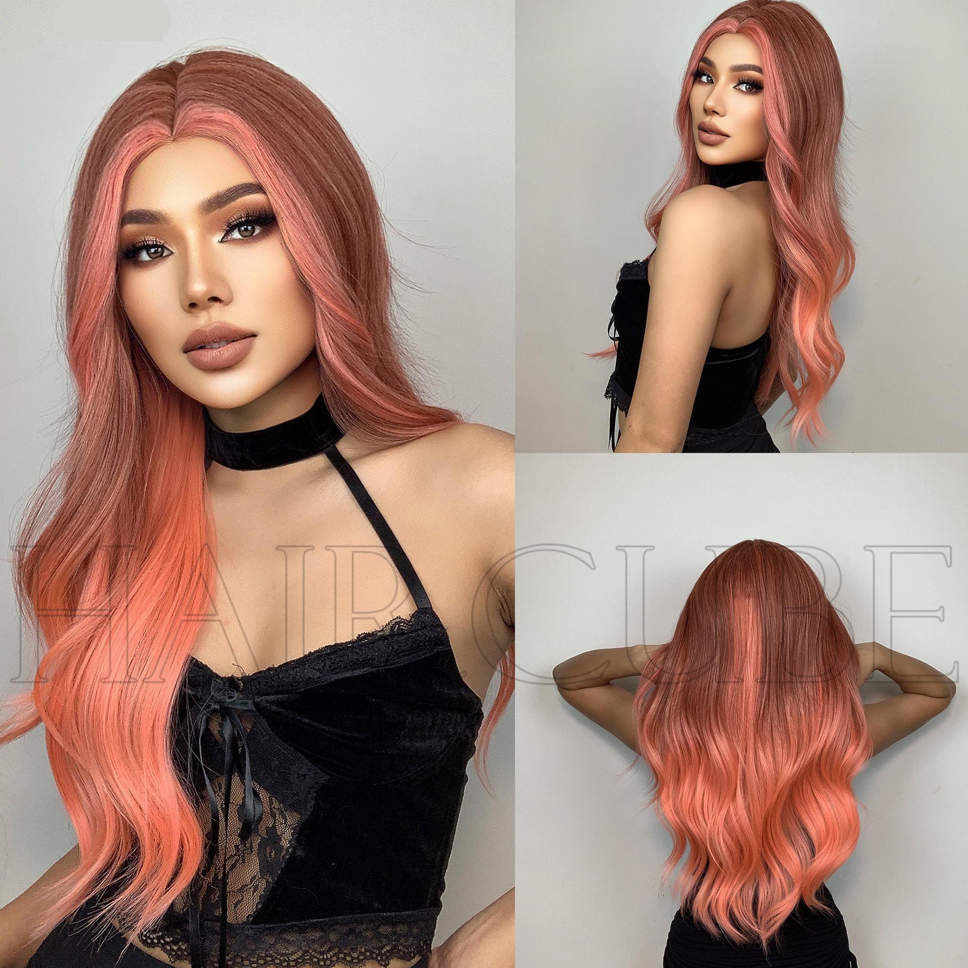 Long Curly Hair 24inch Women's Wig Set In The Middle Part Orange Pink - Korvel