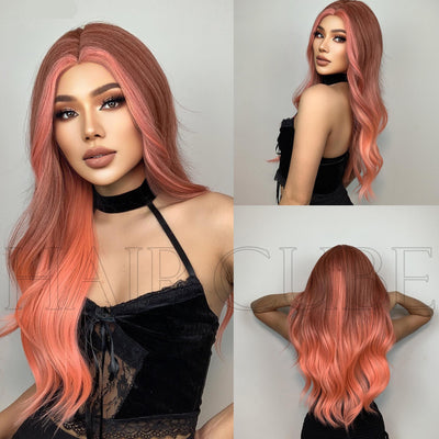 Long Curly Hair 24inch Women's Wig Set In The Middle Part Orange Pink - Korvel