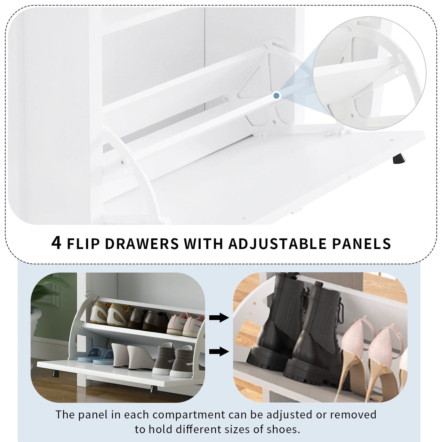 ONTREND ultra-thin shoe cabinet set with 4 flip drawers and adjustable panel top shoe rack, white - Korvel