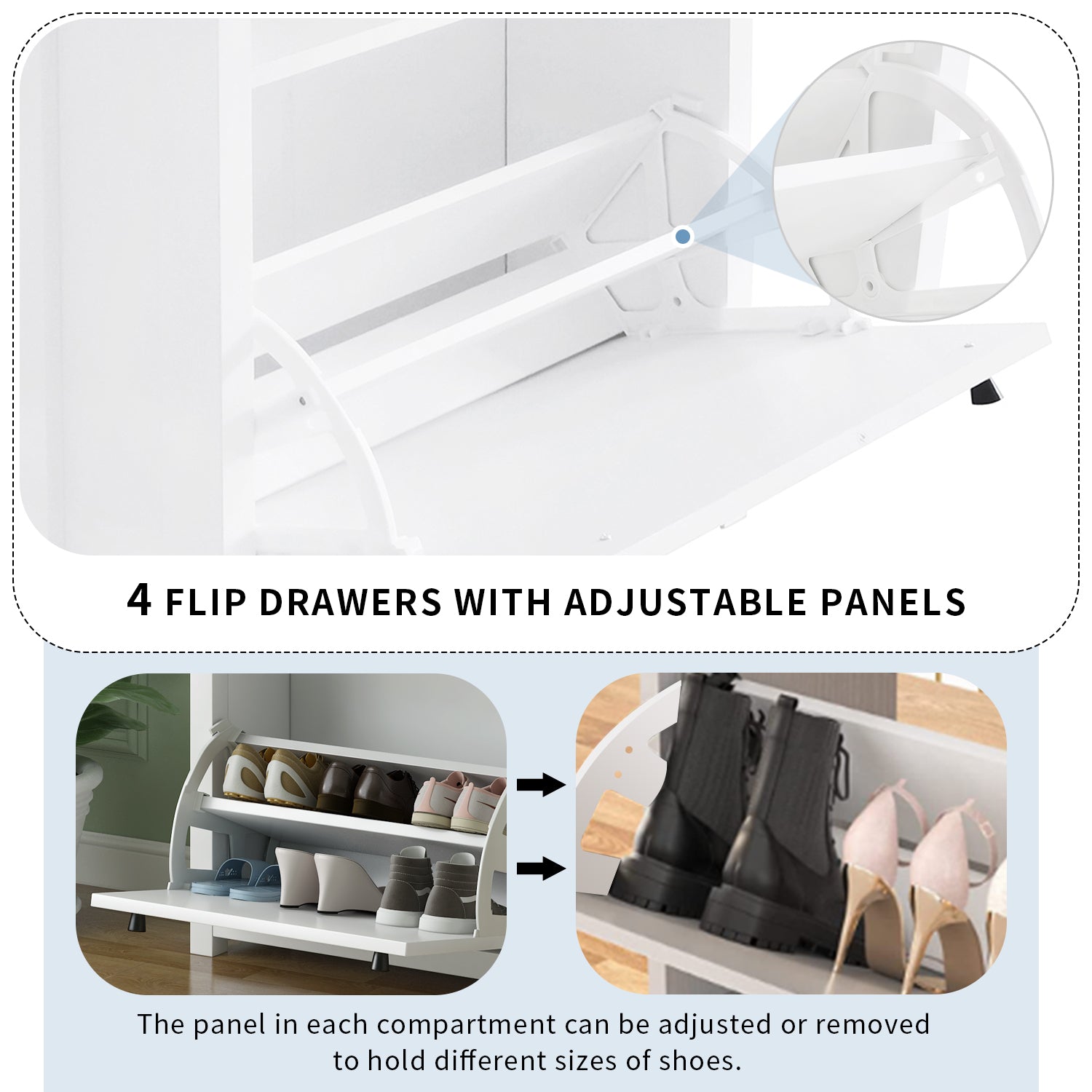 ONTREND ultra-thin shoe cabinet set with 4 flip drawers and adjustable panel top shoe rack, white - Korvel