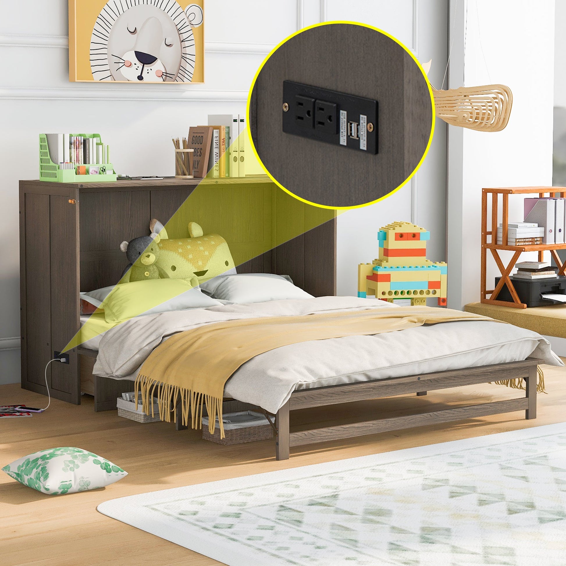 Queen Size Murphy Bed with Built-In Charging Station  Antique Grey - Korvel