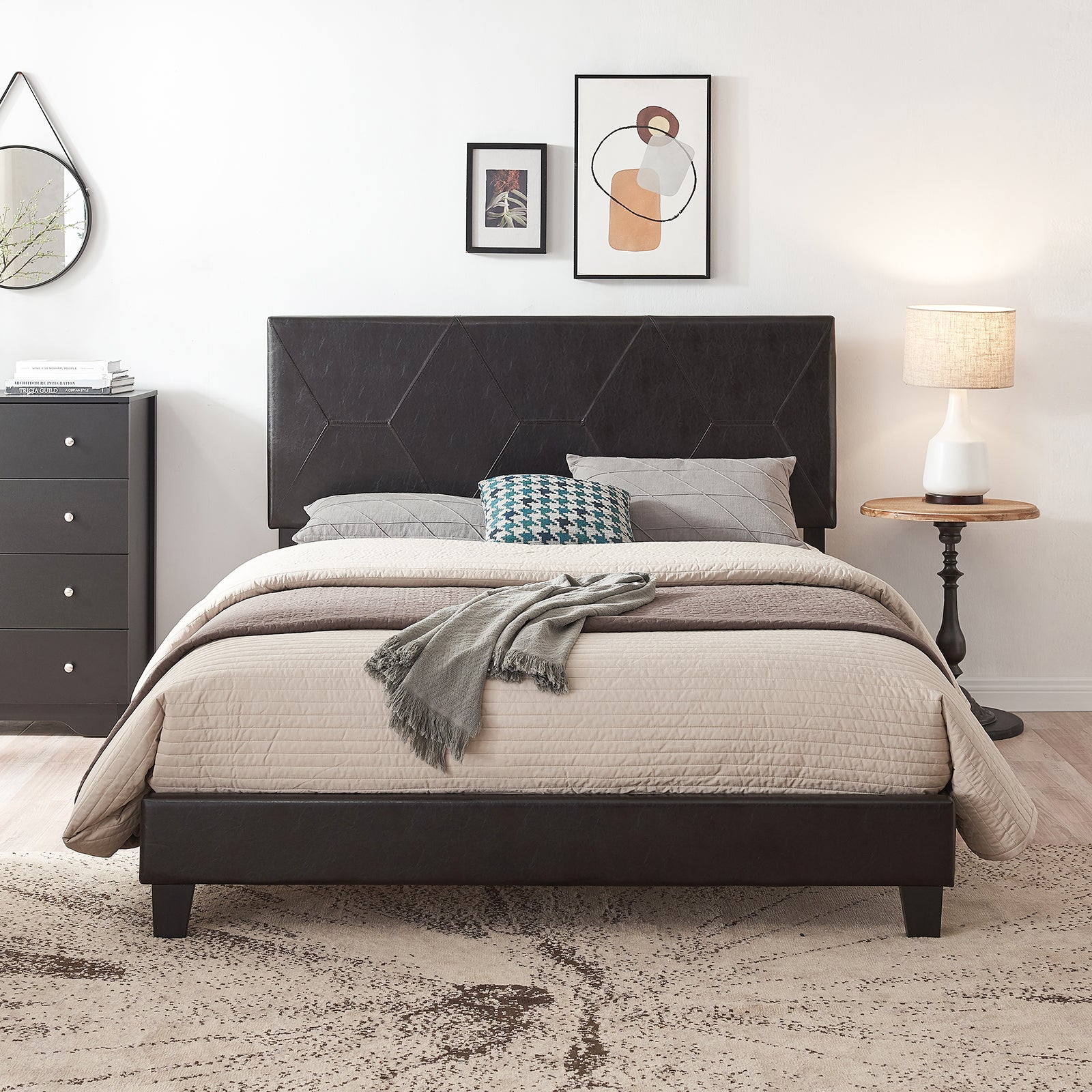 Queen Size Upholstered Platform Bed Frame Wood Slat Support Easy Assembly Black pu - Korvel
