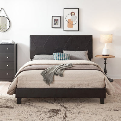 Queen Size Upholstered Platform Bed Frame Wood Slat Support Easy Assembly Black pu - Korvel