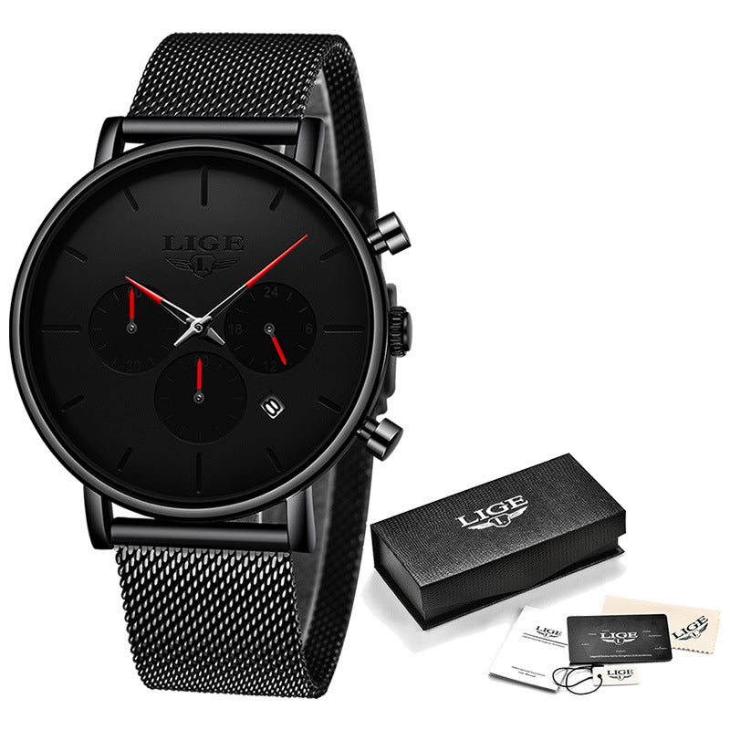 LIGE Men's Ultra Thin Multi-Functional Waterproof Quartz Watch