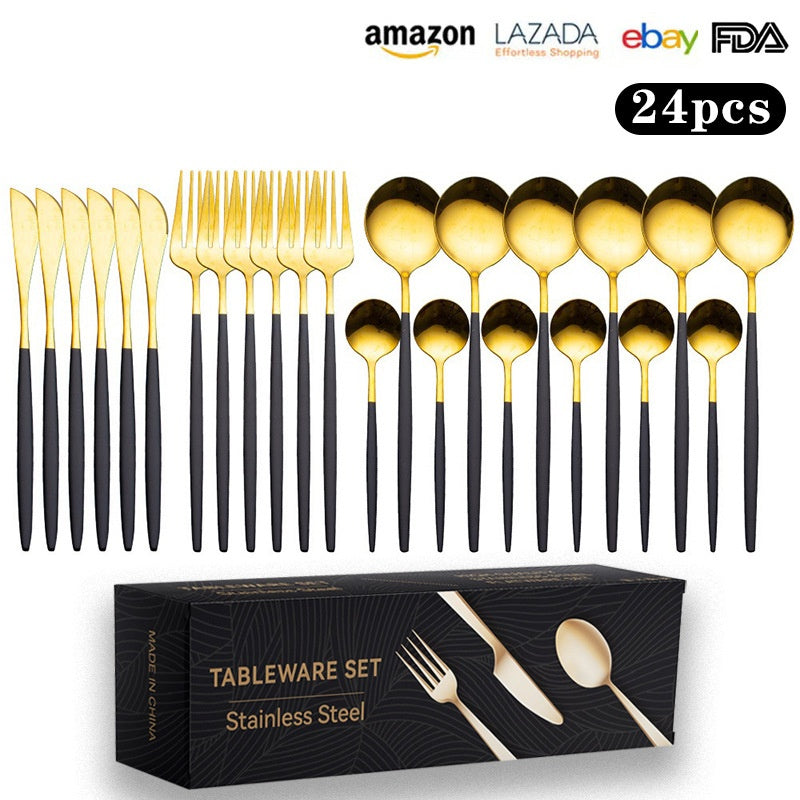 Cutlery Set Stainless Steel Knife Fork Set 24-Piece Tableware Set Golden Steak Knife Fork Spoon 6-Person Set - Korvel