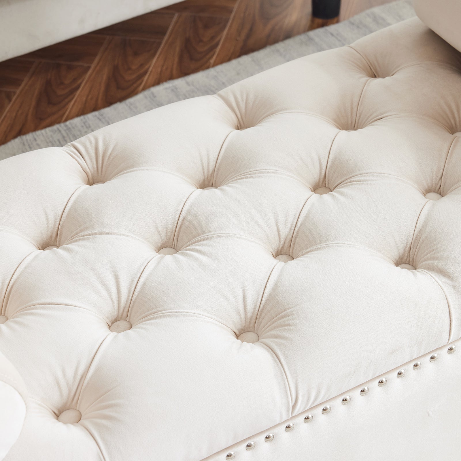 Storage Bench, 44.5-Inch Queen Velvet Button Bedside Bench, Entryway Living Room with Armrests, Nailhead Trim Cream White - Korvel