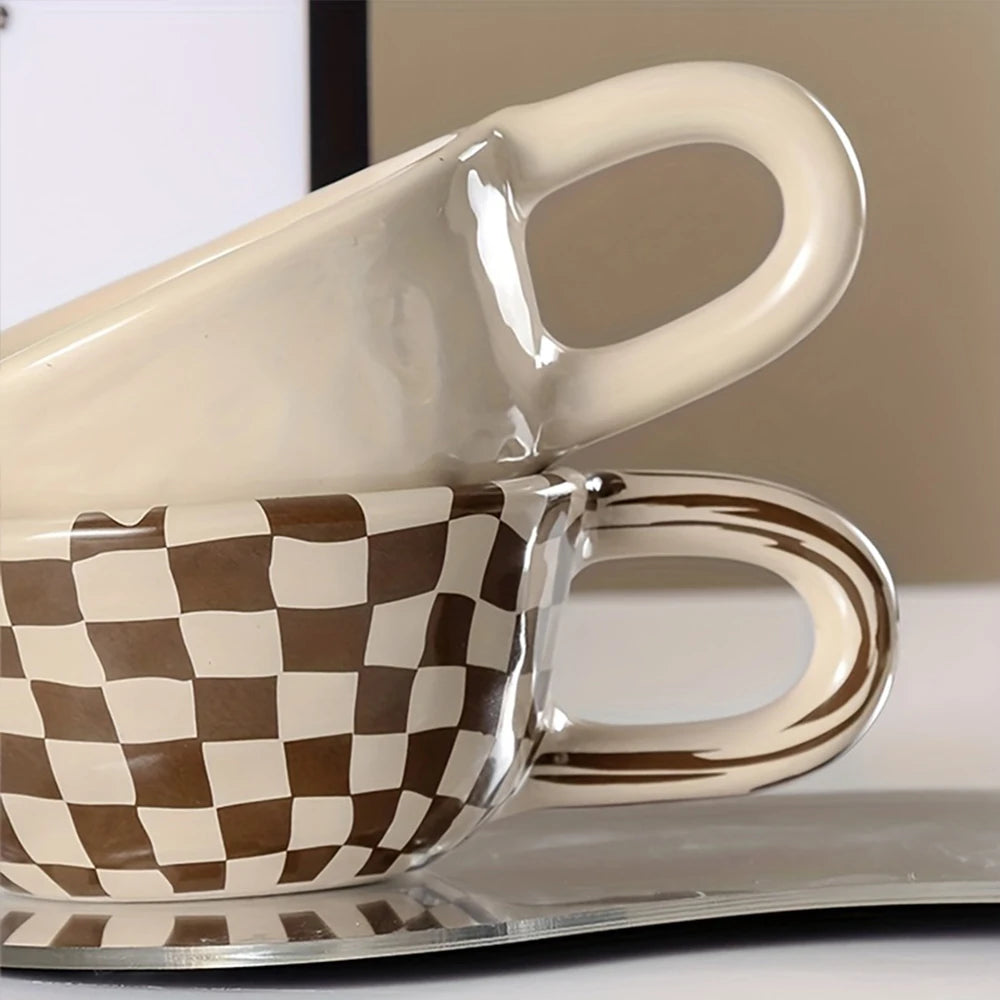 A 300ml ceramic retro couple checkerboard grid small capacity milk white wind mug coffee cups - Korvel