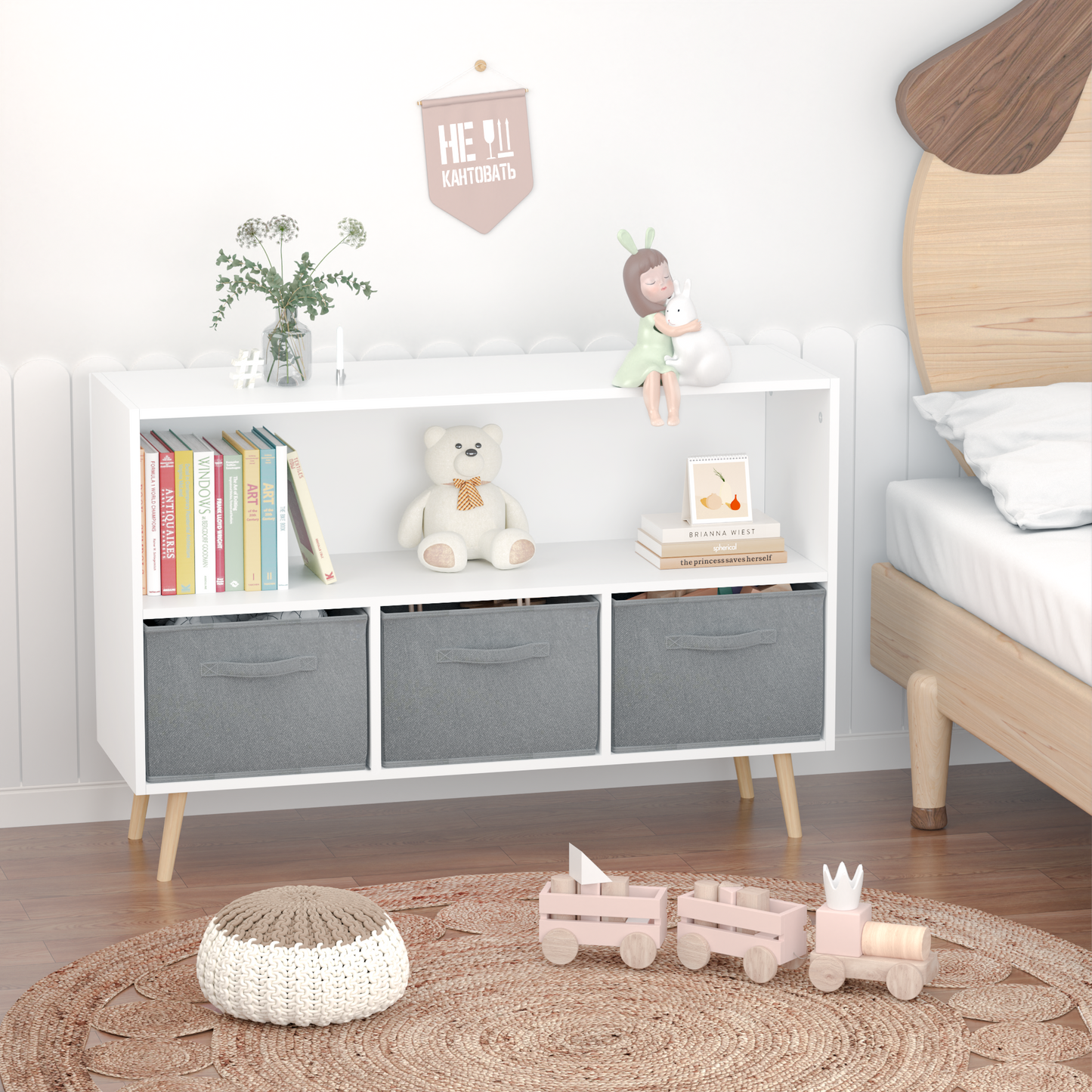 Kids bookcase with Collapsible Fabric Drawers Children's Book Display Toy Storage Cabinet Organizer White/Gray - Korvel