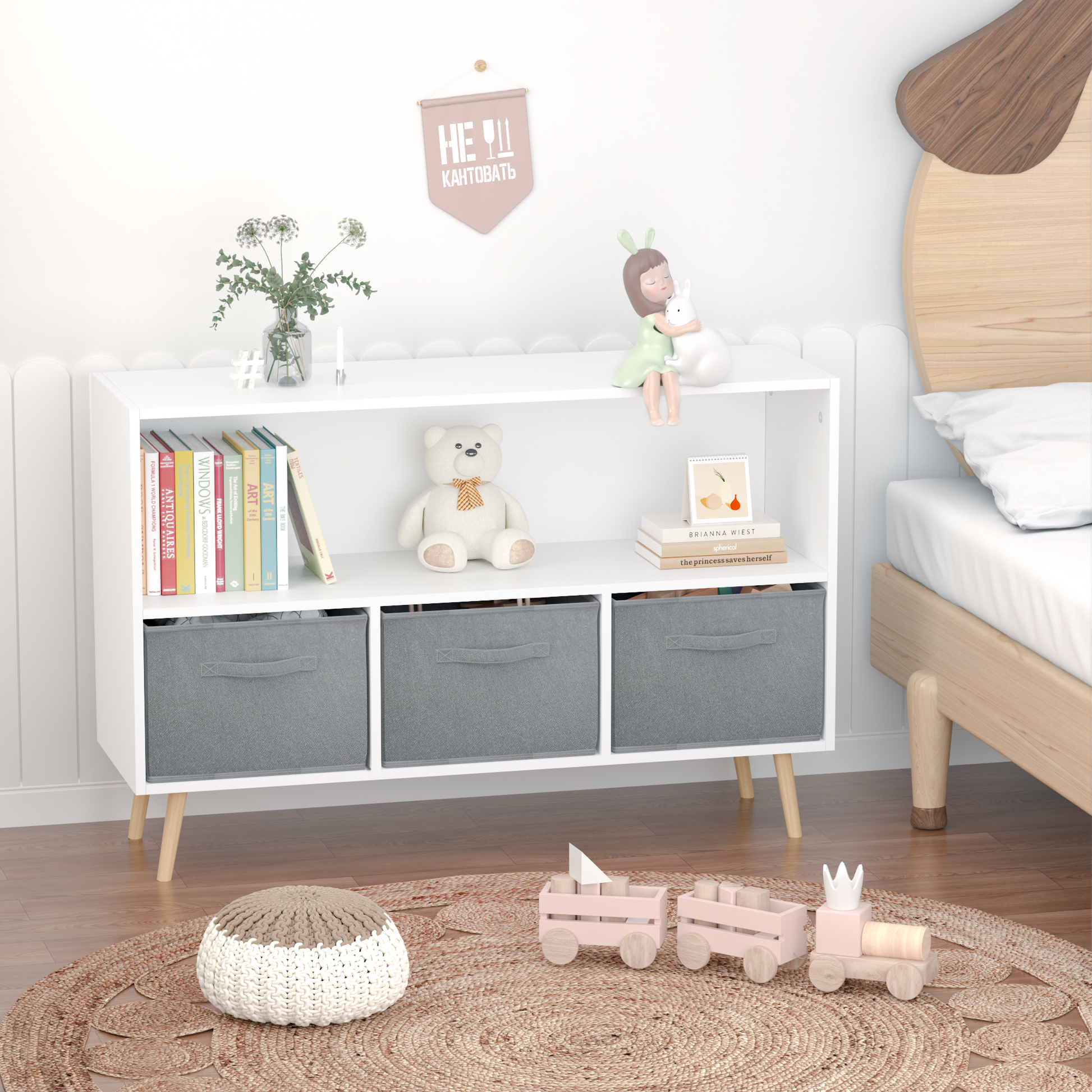 Kids bookcase with Collapsible Fabric Drawers Children's Book Display Toy Storage Cabinet Organizer White/Gray - Korvel