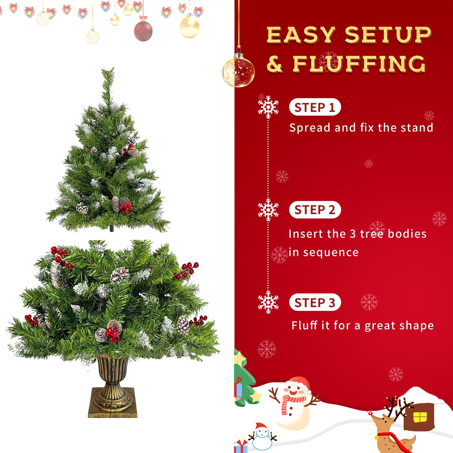 Christmas Tree Artificial Christmas 4-piece Set, including flower wreath, flower wreath, and 2 entrance trees, with LED lights - Korvel