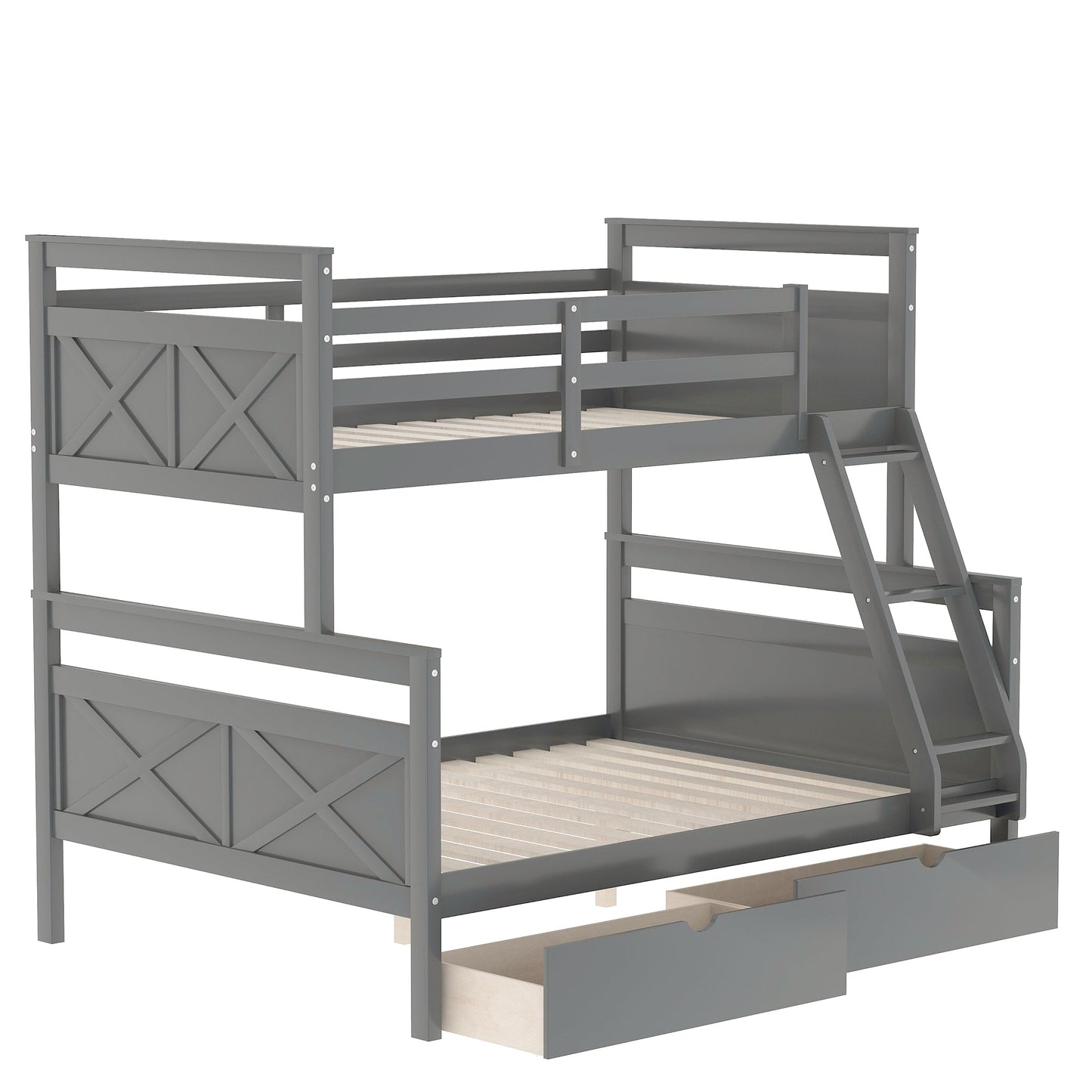 Twin over Full Bunk Bed with Ladder Two Storage Drawers  Safety Guardrail  Gray - Korvel