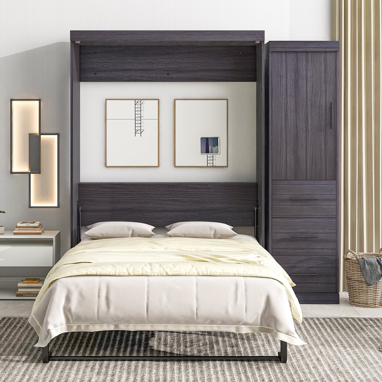Full Size Gray Murphy Bed with Wardrobe and Drawers