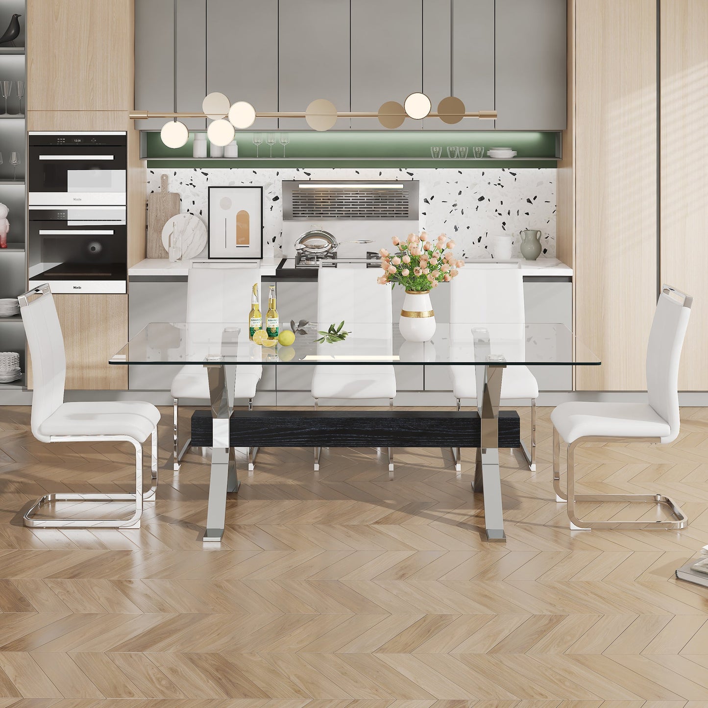 Dining table Modern tempered glass dining table Large modern office desk with silver plated metal legs and MDF crossbars - Korvel