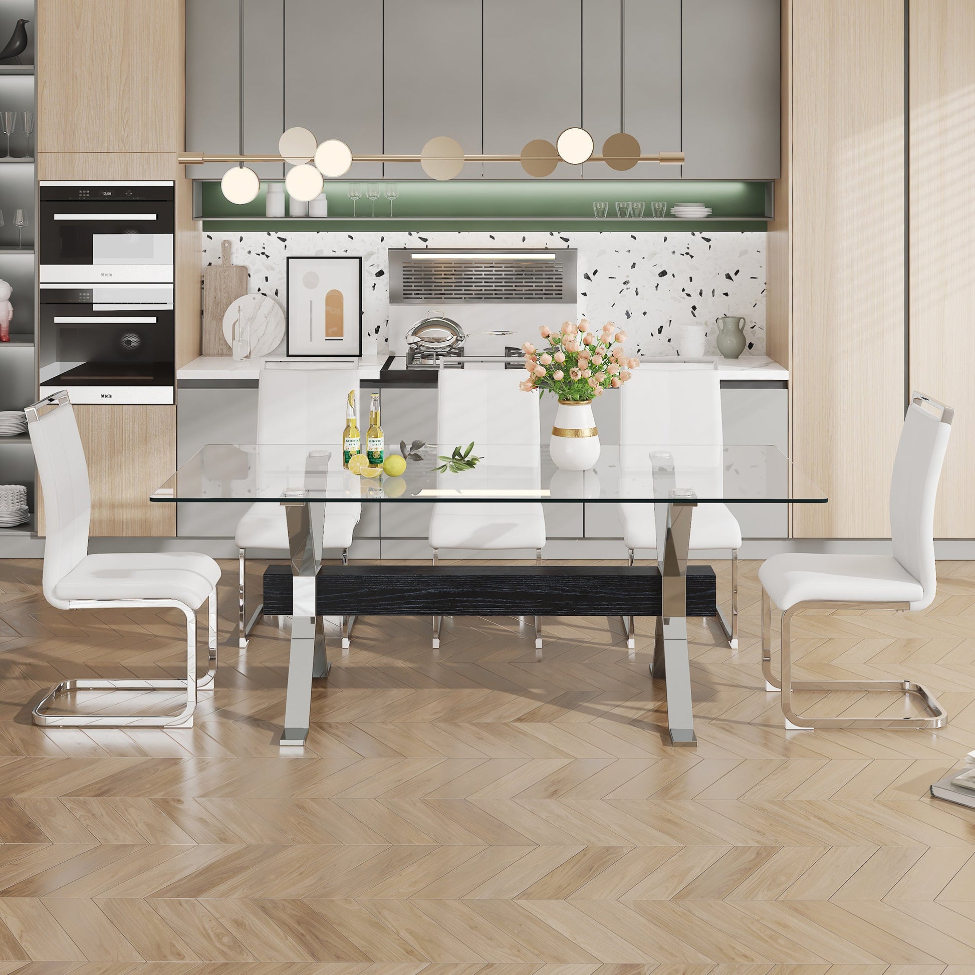 Dining table Modern tempered glass dining table Large modern office desk with silver plated metal legs and MDF crossbars - Korvel