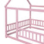Full Size Floor Wooden Bed with House Roof Frame, Fence Guardrails ,Pink - Korvel