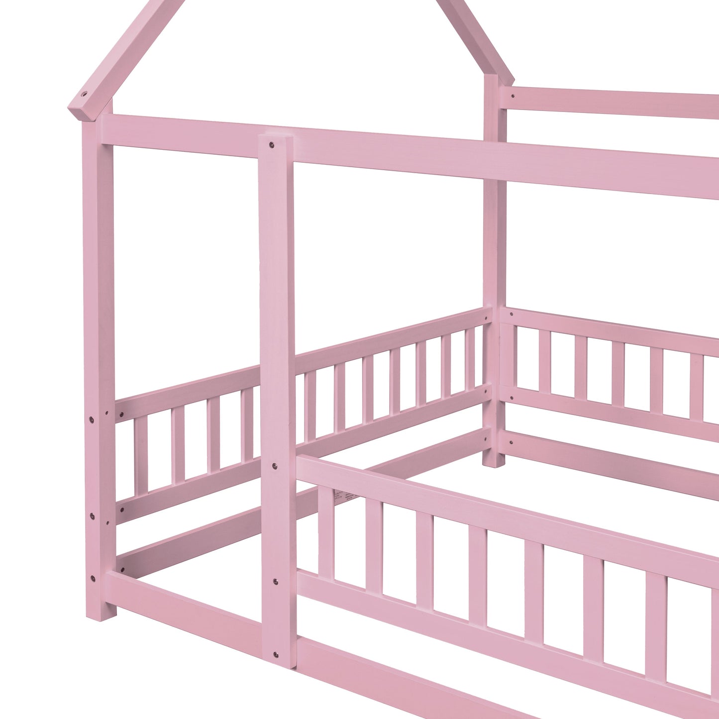 Full Size Floor Wooden Bed with House Roof Frame, Fence Guardrails ,Pink - Korvel