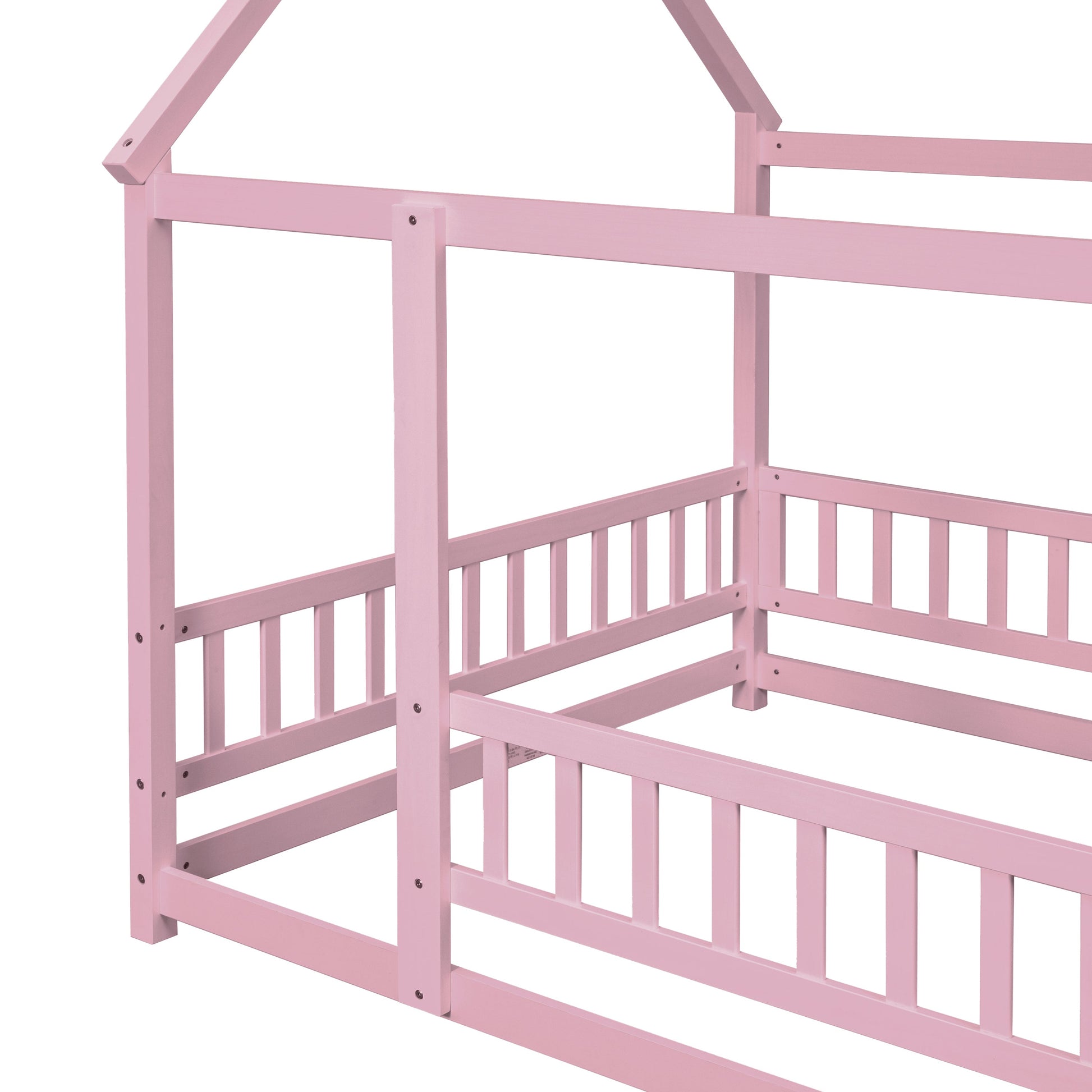 Full Size Floor Wooden Bed with House Roof Frame, Fence Guardrails ,Pink - Korvel
