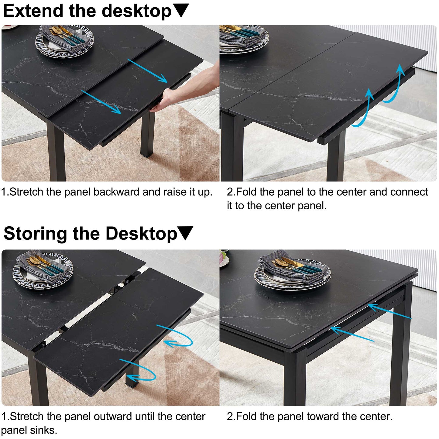 Black Ceramic Expandable Dining Room Table for Small Spaces
