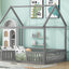 Full Size Wood House Bed with Fence and Door, Gray - Korvel