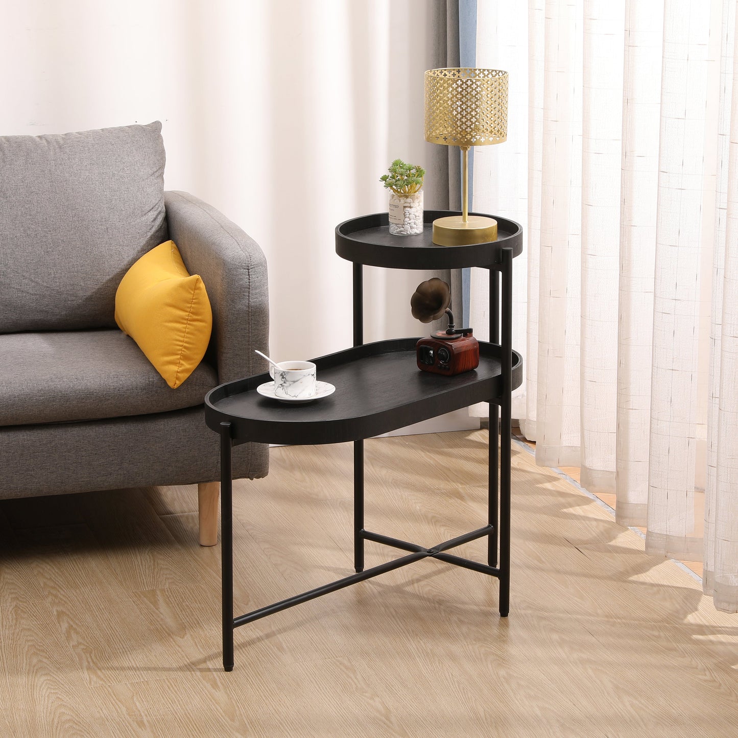 2-Tier Black Side Table with Storage Sofa Table for Living Room Metal Frame & Wooden Desk End Table - Korvel