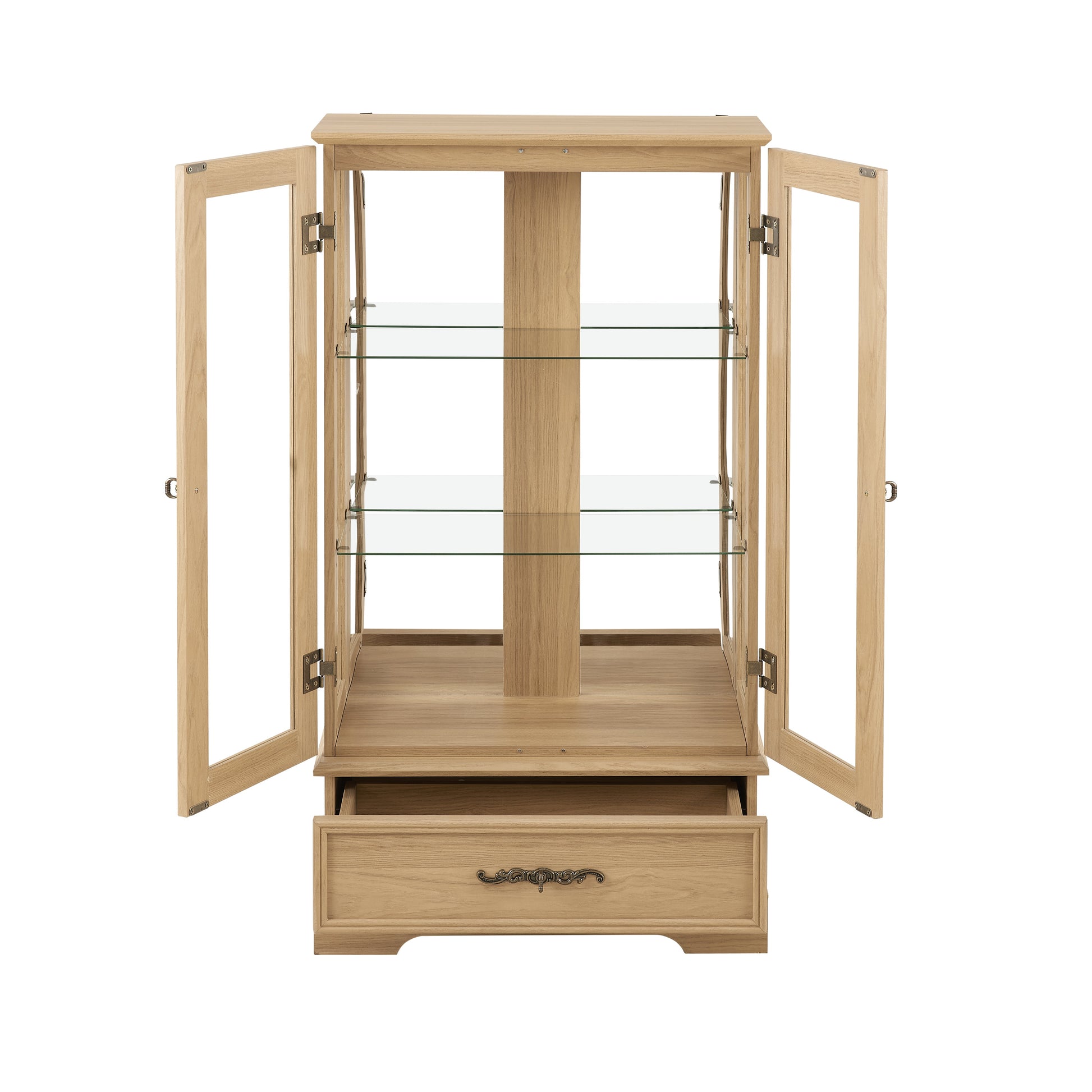 Light colored glass cabinet with adjustable glass frame, including cabinet light bulbs OAK with 2 doors and 1 drawer - Korvel