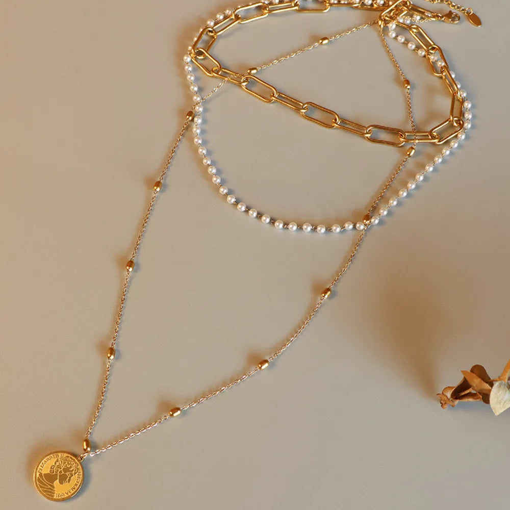 Synthetic Pearl Titanium Steel Three-Layered Necklace - Korvel