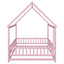 Full Size Floor Wooden Bed with House Roof Frame, Fence Guardrails ,Pink - Korvel