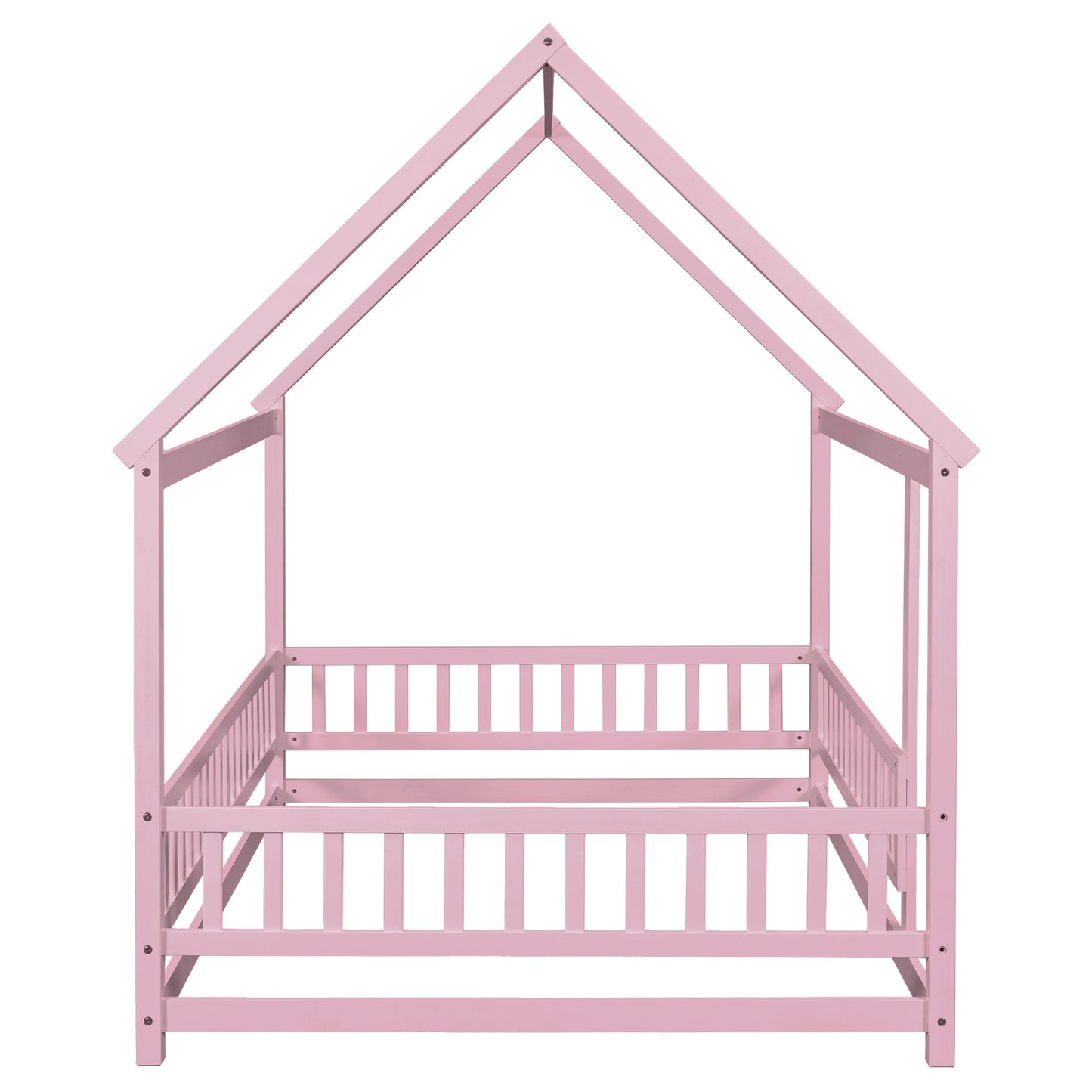 Full Size Floor Wooden Bed with House Roof Frame, Fence Guardrails ,Pink - Korvel