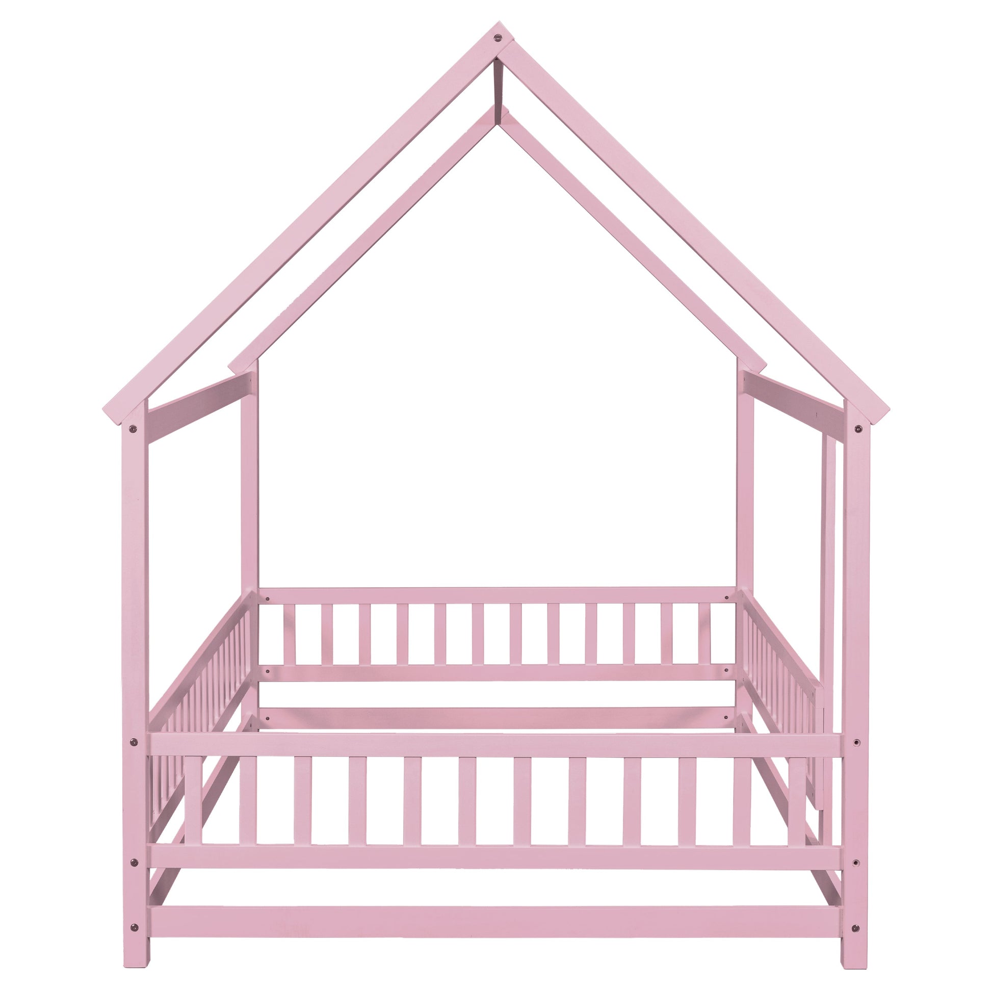 Full Size Floor Wooden Bed with House Roof Frame, Fence Guardrails ,Pink - Korvel