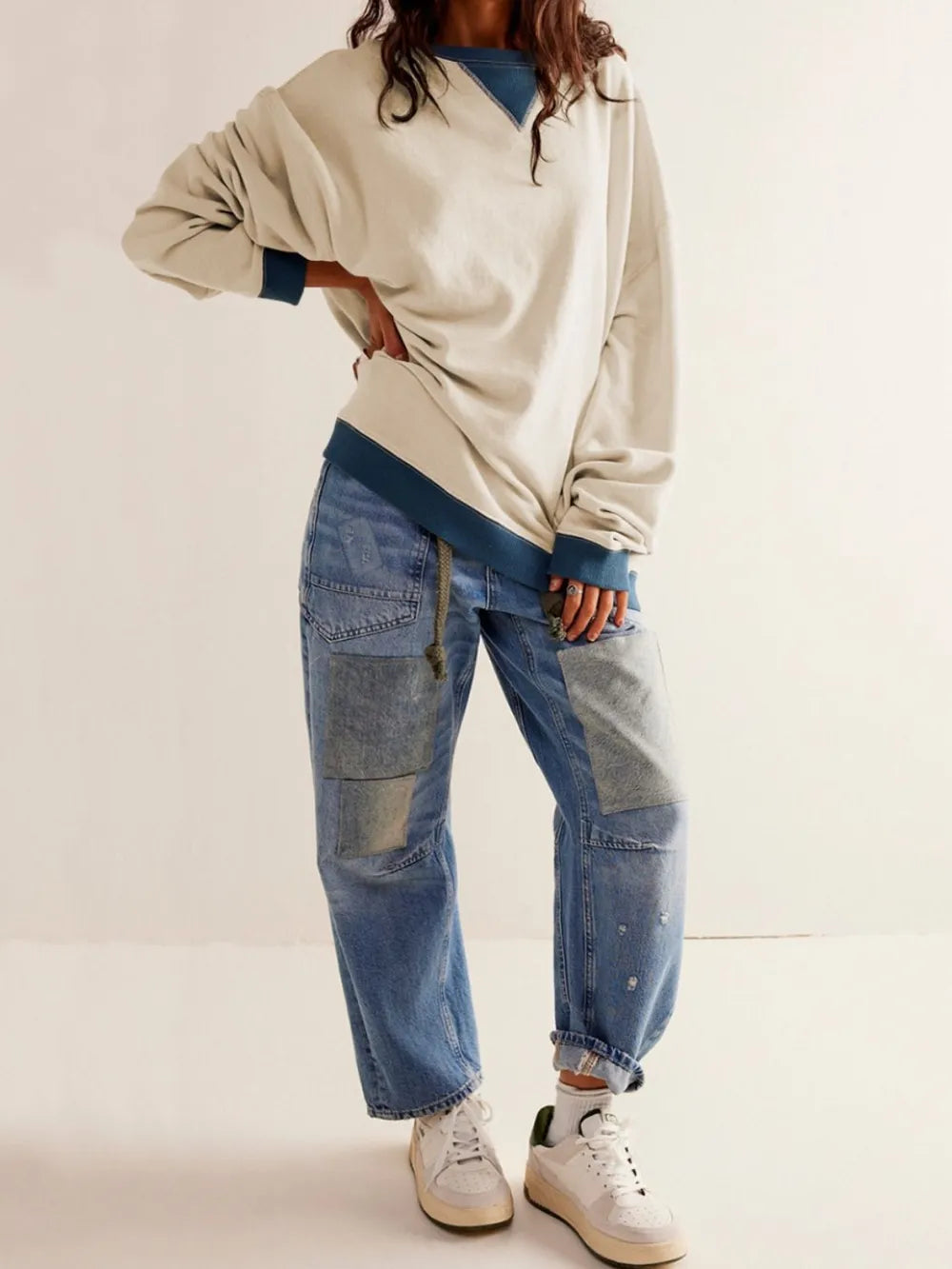 Contrast Dropped Shoulder Long Sleeve Sweatshirt - Korvel