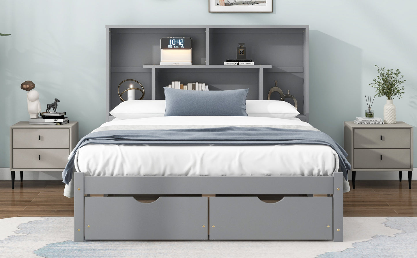 Full Size Platform Bed with Storage Headboard and 2 Drawers, Gray - Korvel