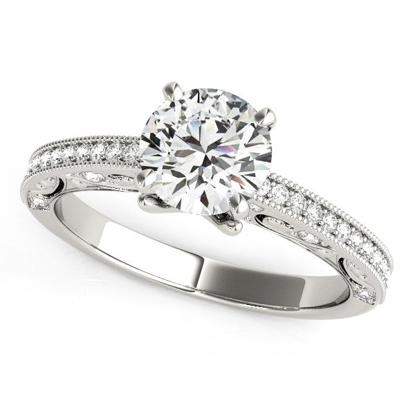 Bague de fiançailles en diamant rond antique en or blanc 14 carats