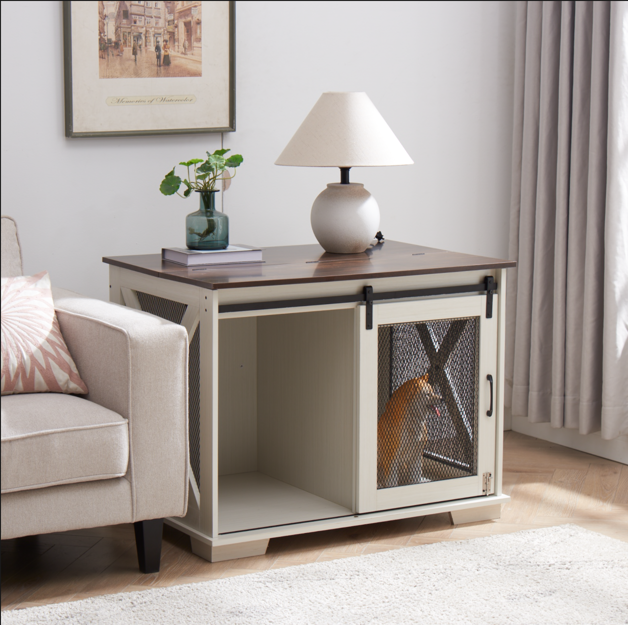 Farm kennel Flat noodles furniture with sliding barn door, farm wooden kennel end table, dog house with removable partition - Korvel
