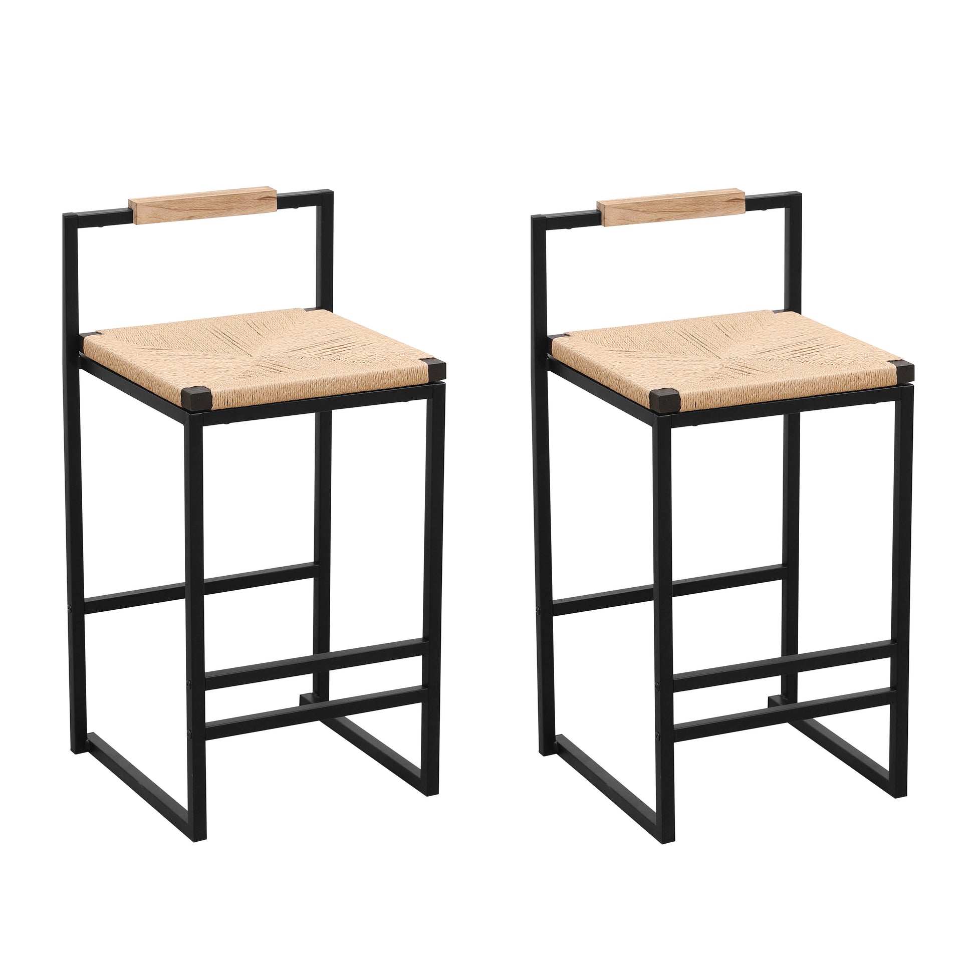 Set of 2 Bar Stools with Back Paper Rope Woven Counter Height Dining Chairs for Kitchen Home (Paper Rope with Back) - Korvel