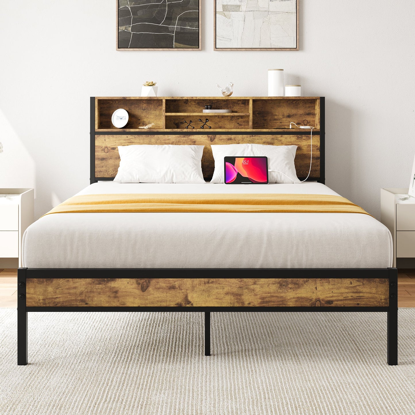 Full Size Bed Frame with Storage Headboard Metal Platform Bed with Charging Station Black - Korvel