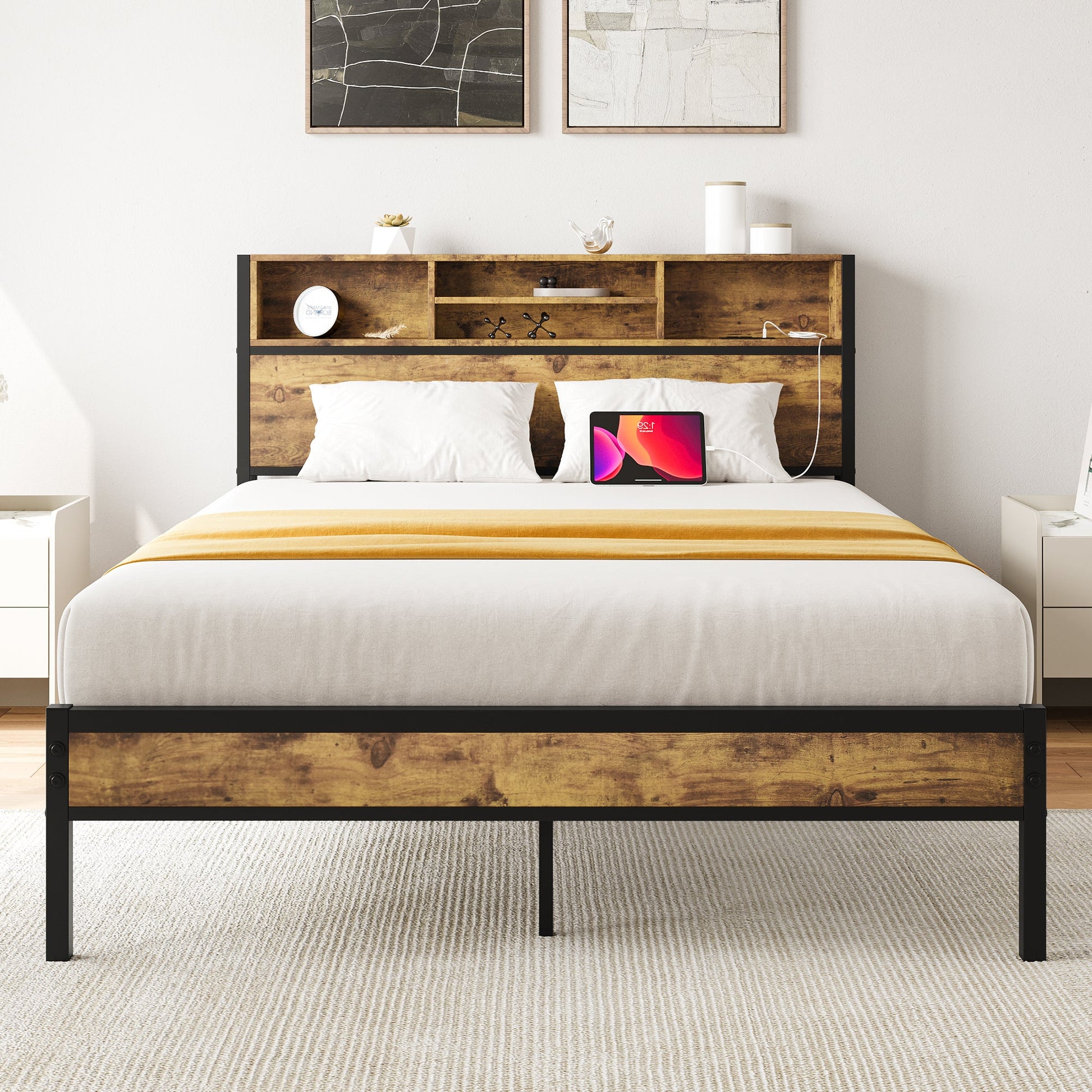 Full Size Bed Frame with Storage Headboard Metal Platform Bed with Charging Station Black - Korvel