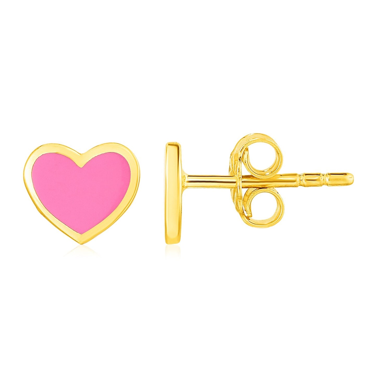 Boucles d'oreilles clous en or jaune 14 carats et émail rose en forme de cœur